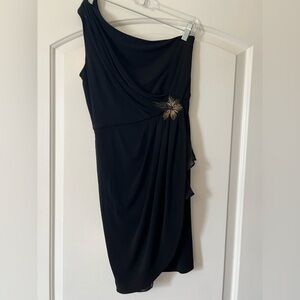Max & Cleo One-Shoulder Black Dress with Gold Accent